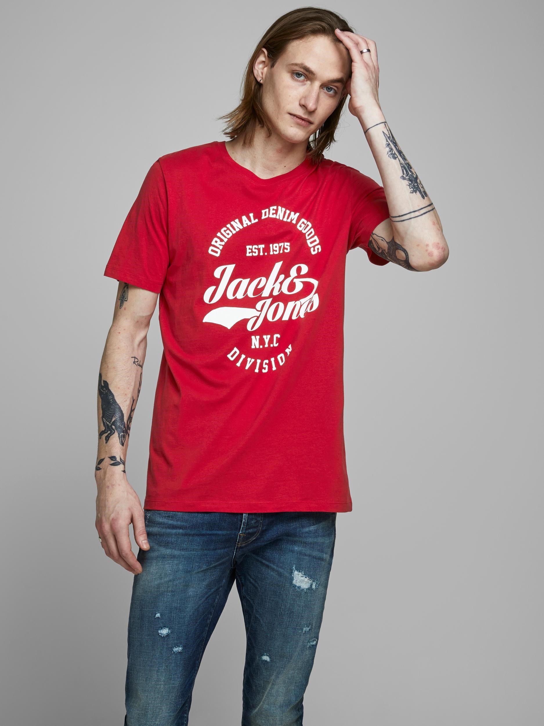 Jack Jones Erkek T-Shirt 12147844 Tango Red