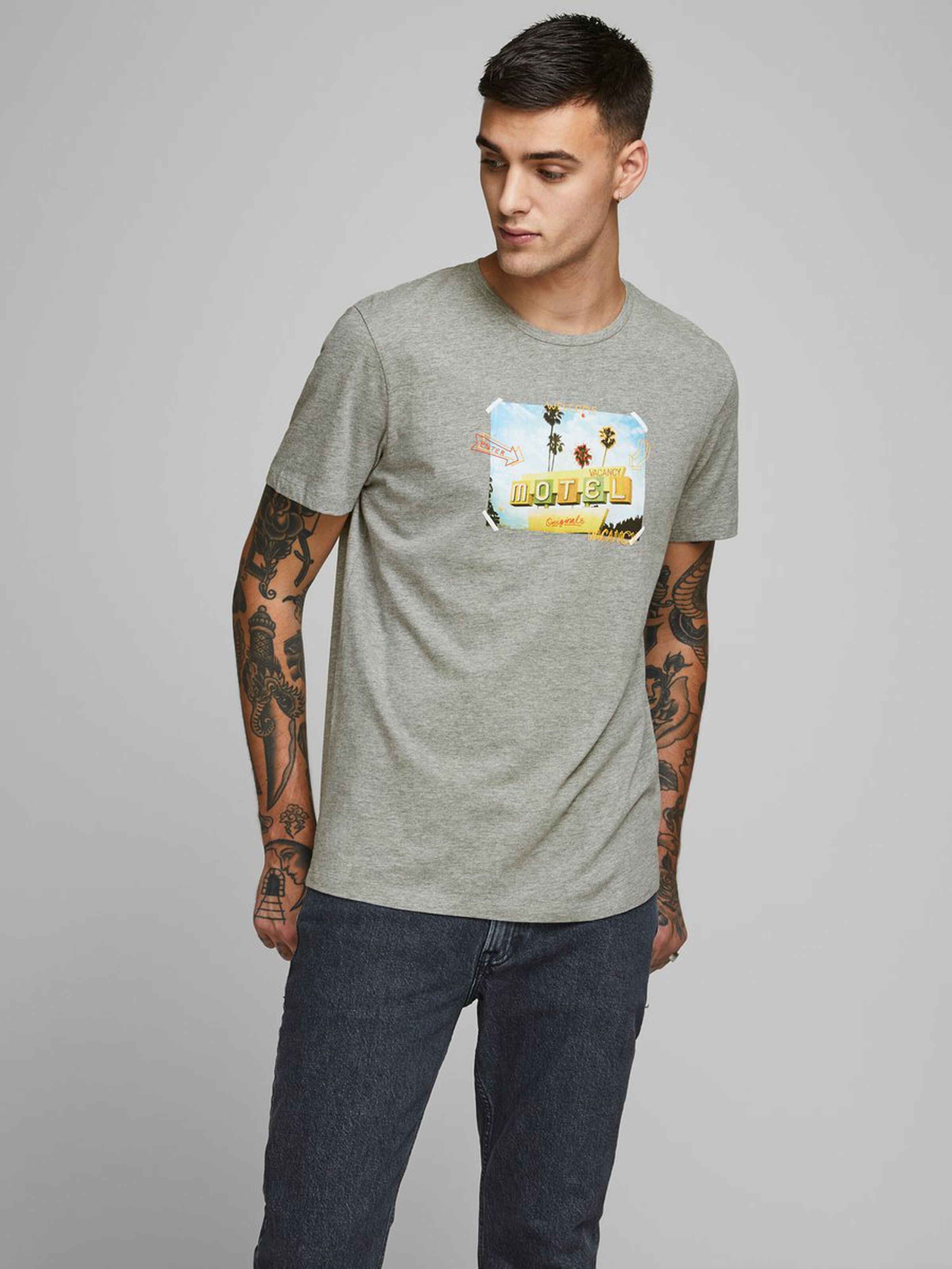 Jack Jones Erkek T-Shirt 12171737 Light Grey Melange