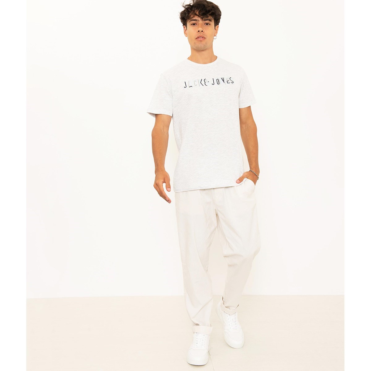 Jack Jones Erkek T-Shirt 12188461 White Melange