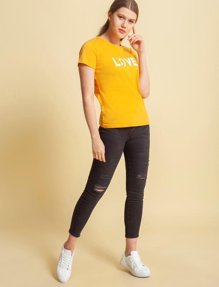 Fashion Friends Kadın T-Shirt 20Y0688B1 Hardal / Mustard