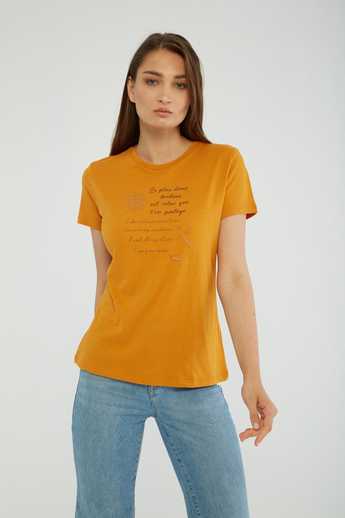 Fashion Friends Kadın T-Shirt 22Y0178K1 Hardal / Mustard