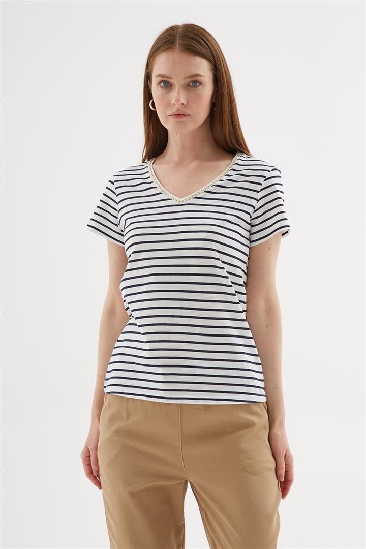 Fashion Friends Kadın T-Shirt 25Y0478K1 Lacivert Çizgili