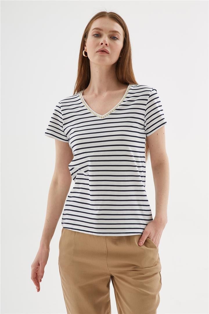 Fashion Friends Kadın T-Shirt 25Y0478K1 Lacivert Çizgili