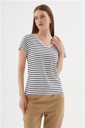 Fashion Friends Kadın T-Shirt 25Y0478K1 Lacivert Çizgili