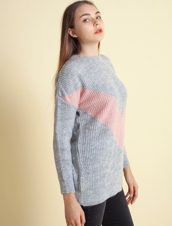 Fashion Friends Kadın Kazak 9K0442B1 Gri Melanj / Grey Melange